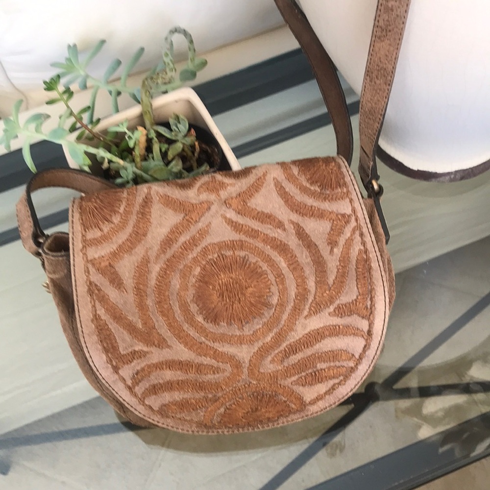 Vintage Lucky Brand Embroidered Leather Messenger Purse Brown Western Bohemian